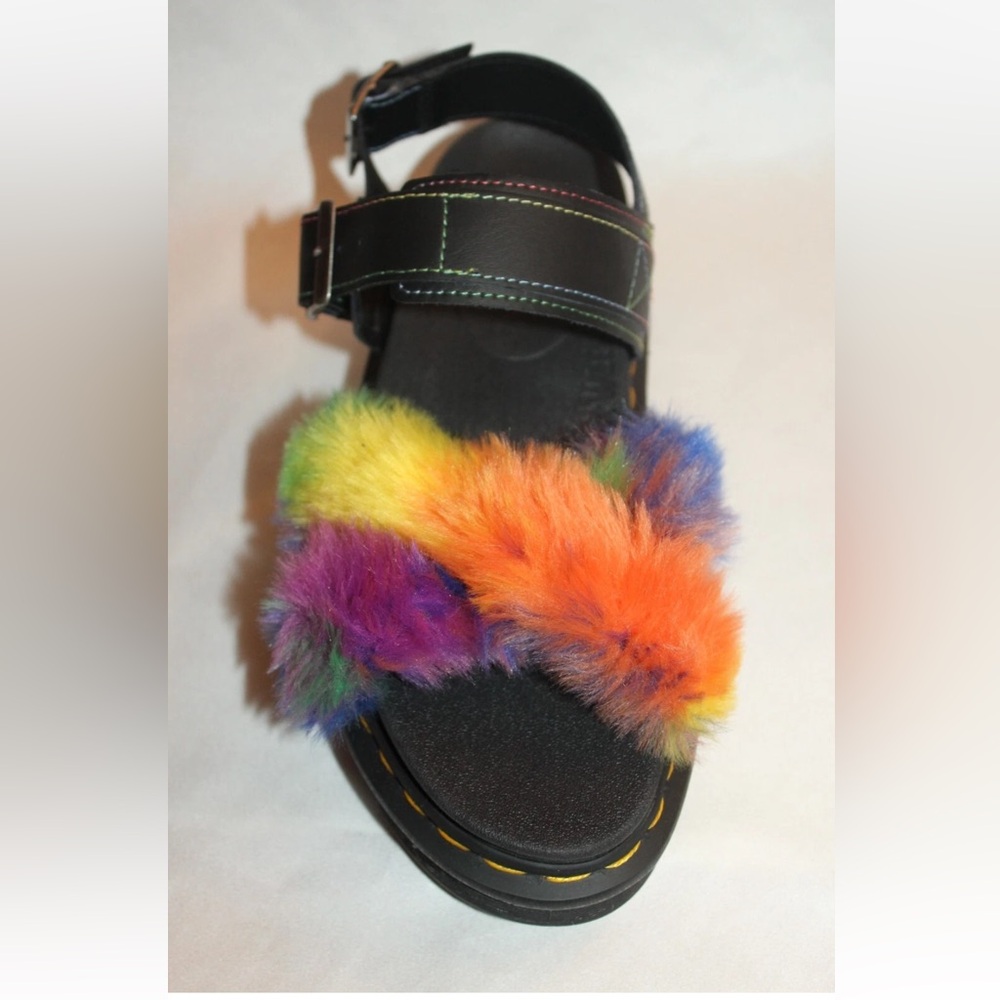 NEW! Dr. Martens Black Sandals with Multicolor Fur - Picture 2 of 11